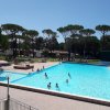 Piscina con nuotatori circondata da pini e spazi verdi, cielo sereno.