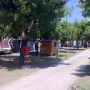 Area campeggio con caravan, bungalow di legno e alberi lungo un sentiero.