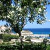 Vista sul mare con alberi fioriti in primo piano e un porto sullo sfondo.