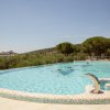Una piscina a sfioro circondata da alberi, con colline sullo sfondo.