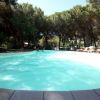 Piscina circondata da vegetazione e sedie a sdraio, vista da livello acqua.