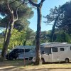 Camper grigi in un'area alberata.