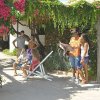 Gruppo di persone sotto un pergolato fiorito, una persona legge un giornale.
