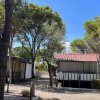 Bungalow in un campeggio, circondati da alberi e con vialetti di ghiaia.
