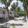 Bungalow di legno, biciclette parcheggiate su un vialetto alberato e soleggiato.