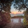 Sentiero con vista sul mare al tramonto tra alberi e arbusti.