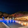 Piscina illuminata di notte con area ricreativa e pini sullo sfondo.