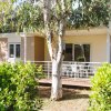 Bungalow con veranda circondato da piante e alberi.