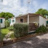 Un bungalow bianco con giardino e cespugli.