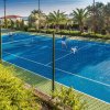 Campo da tennis all'aperto con due persone che giocano, circondato da palme e vegetazione.