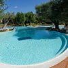 Piscina tonda immersa nel verde con passerella in legno.